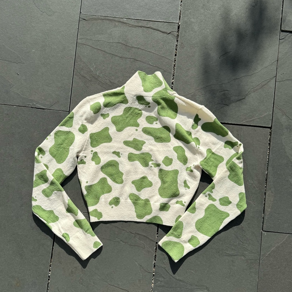 Zara Green and‎ White Mock Neck Cropped Sweater Sz S